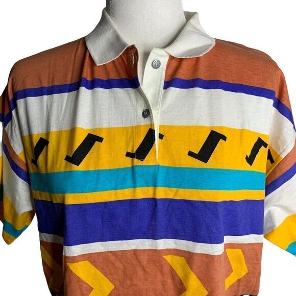 Vintage 80s 90s  IXSPA Short Sleeve Polo Shirt M Multi Stripe Surf - Picture 1 of 6